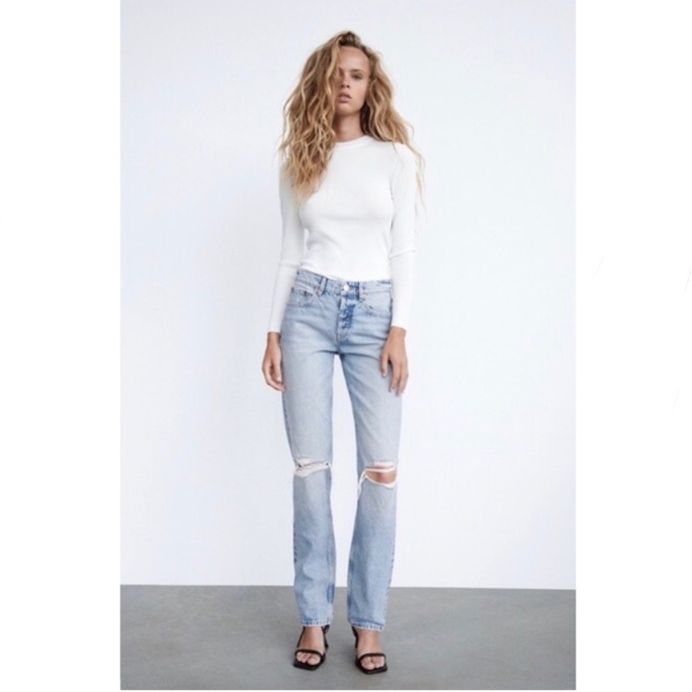 Zara Ripped Distressed Straight Jeans Button Fly in Light Wash Denim